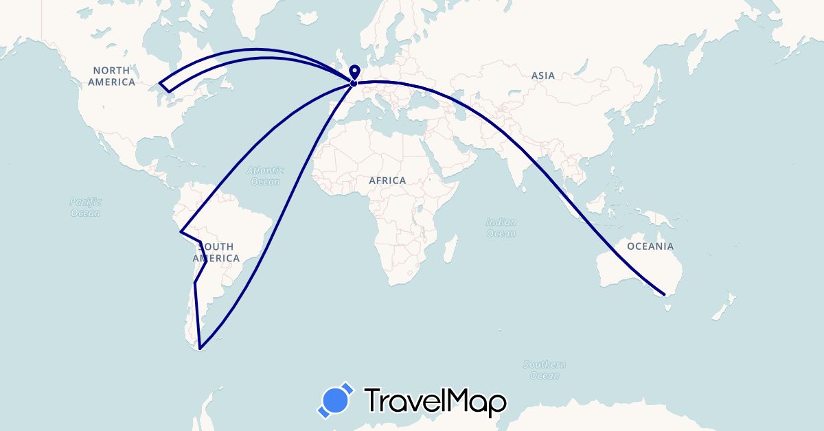 TravelMap itinerary: driving in Argentina, Australia, Bolivia, Canada, Chile, France, Peru (Europe, North America, Oceania, South America)
